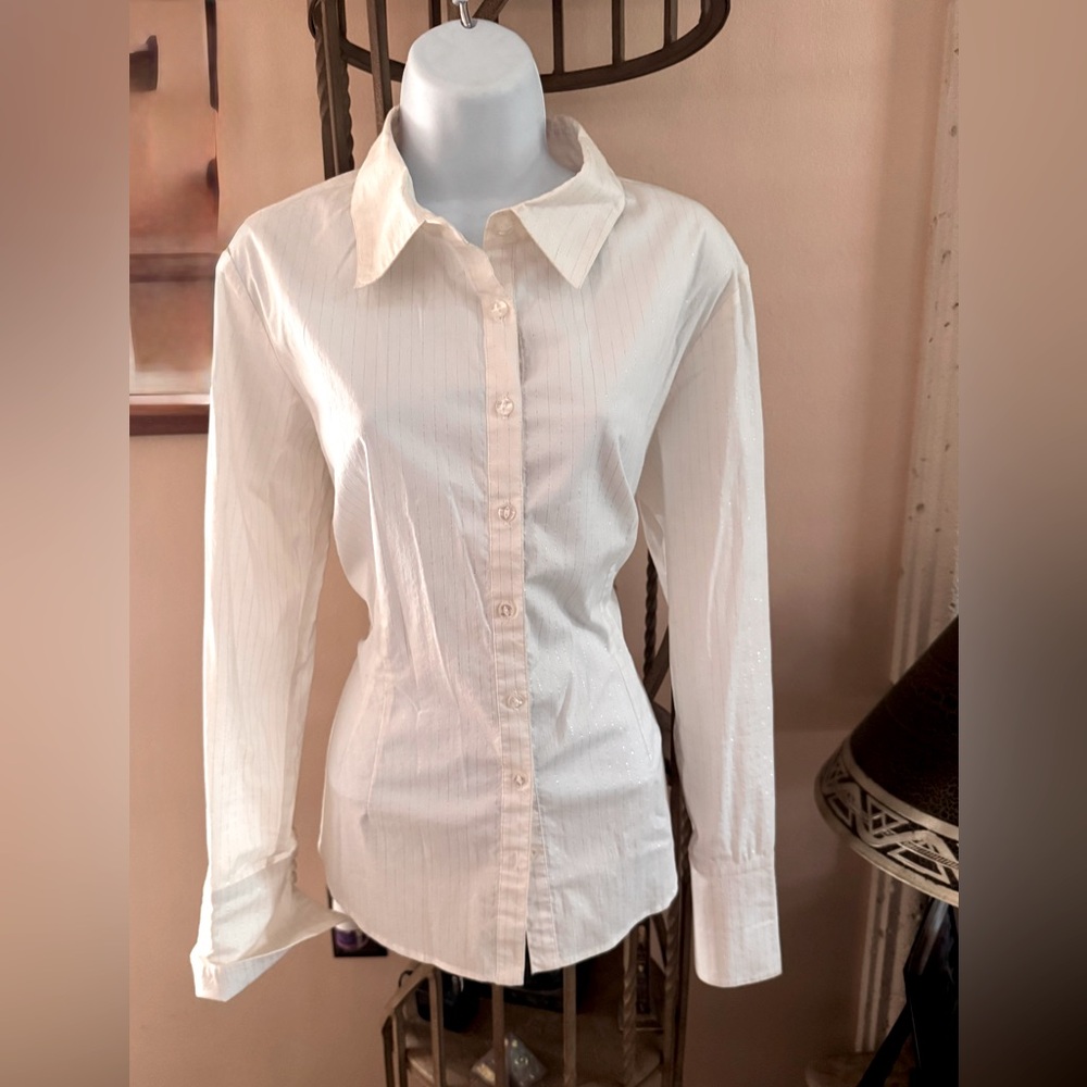 To the Max White Button-Down Women's Shirt with Delicate Silver stripes